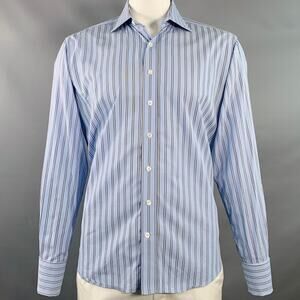 CAFE COTON Size L Blue Navy White Stripe Cotton French Cuffs Long Sleeve Shirt